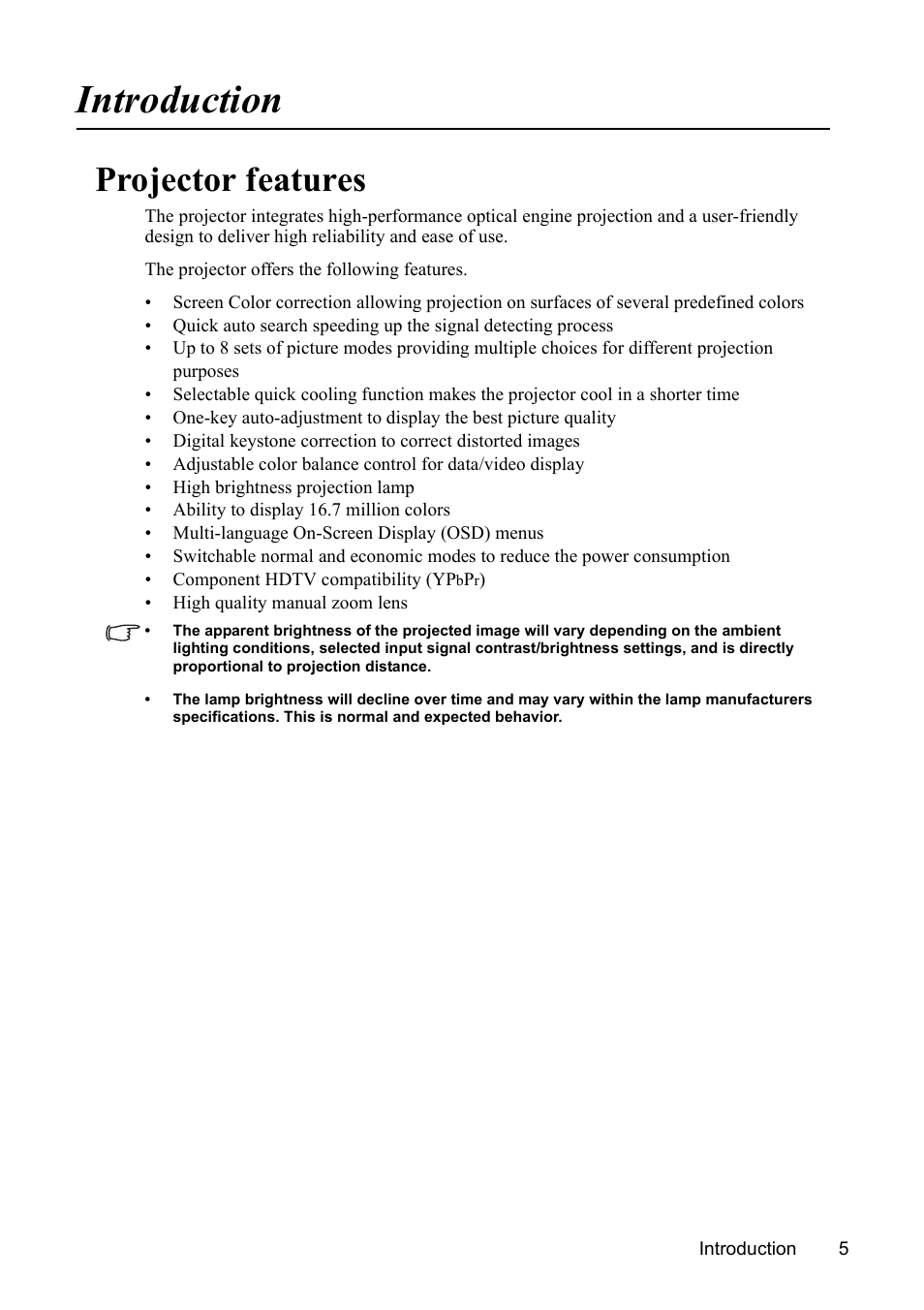 Introduction, Projector features | VIEWSONIC VS13308 User Manual | Page 8 / 69