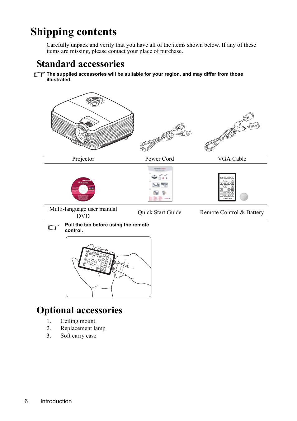 Shipping contents, Standard accessories, Optional accessories | VIEWSONIC VS13308 User Manual | Page 9 / 69