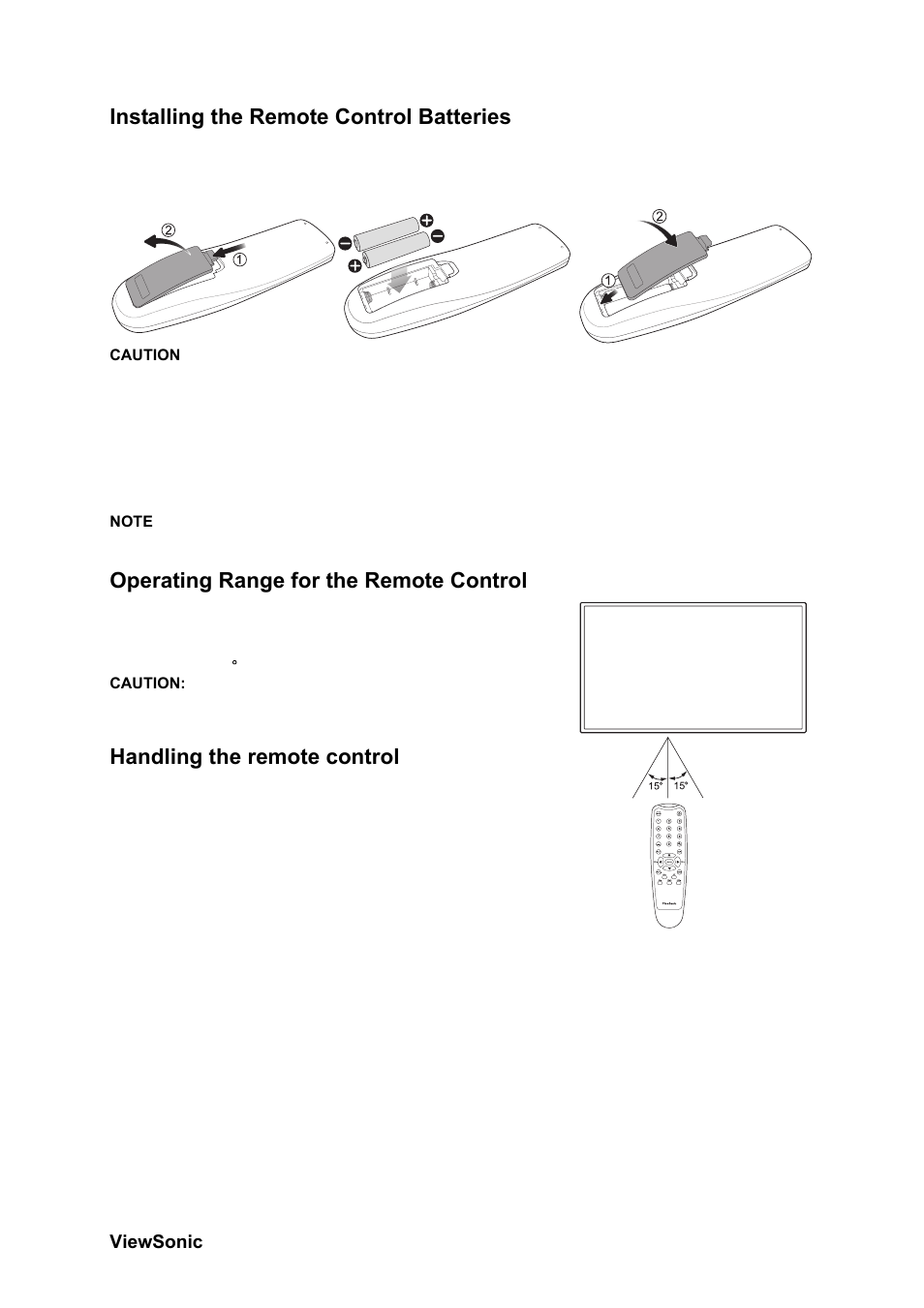Installing the remote control batteries, Operating range for the remote control, Handling the remote control | VIEWSONIC CD4230 VS12541 User Manual | Page 12 / 45