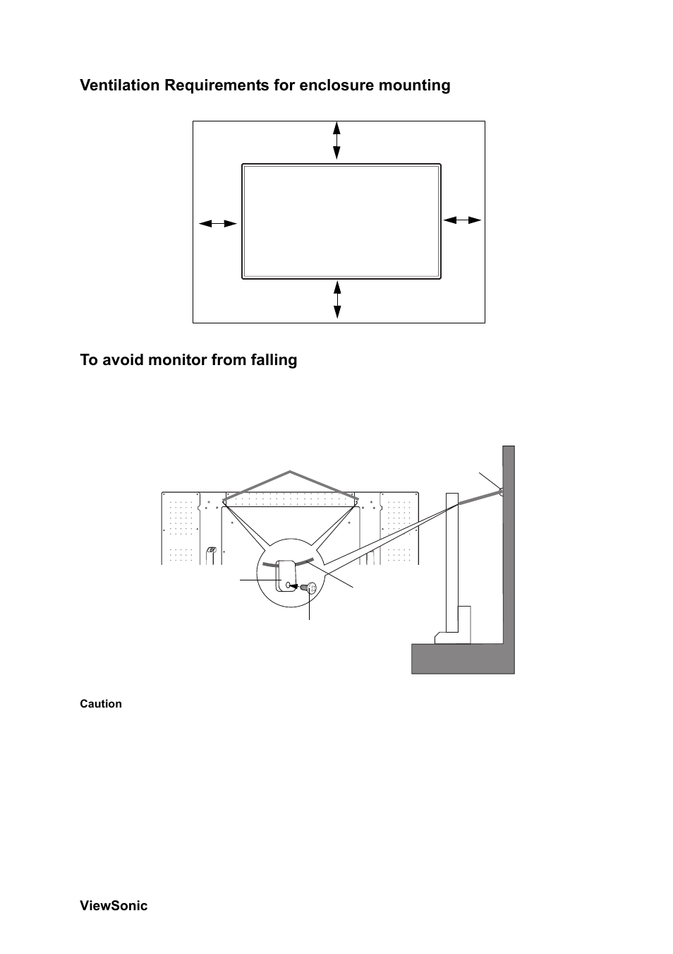 Ventilation requirements for enclosure mounting, To avoid monitor from falling | VIEWSONIC CD4230 VS12541 User Manual | Page 16 / 45