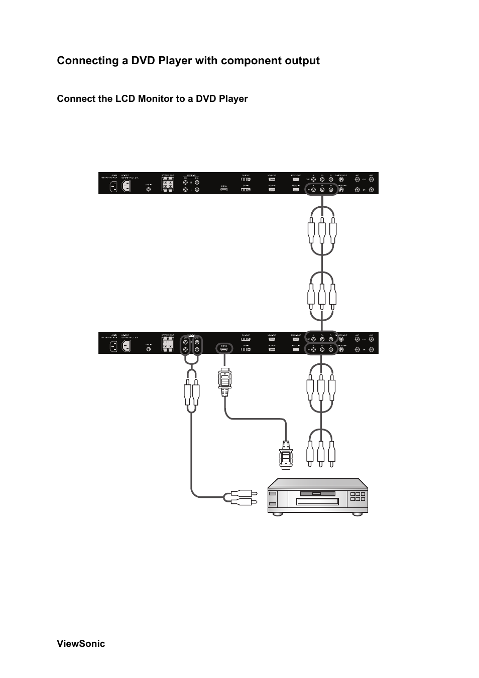 Connecting a dvd player with component output, Connect the lcd monitor to a dvd player | VIEWSONIC CD4230 VS12541 User Manual | Page 20 / 45