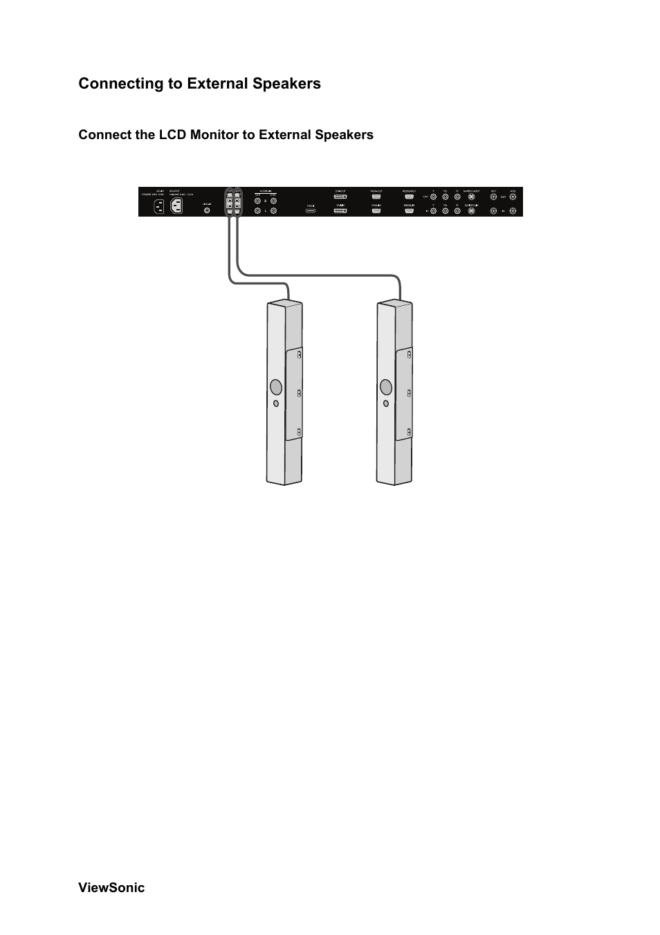 Connecting to external speakers, Connect the lcd monitor to external speakers | VIEWSONIC CD4230 VS12541 User Manual | Page 22 / 45