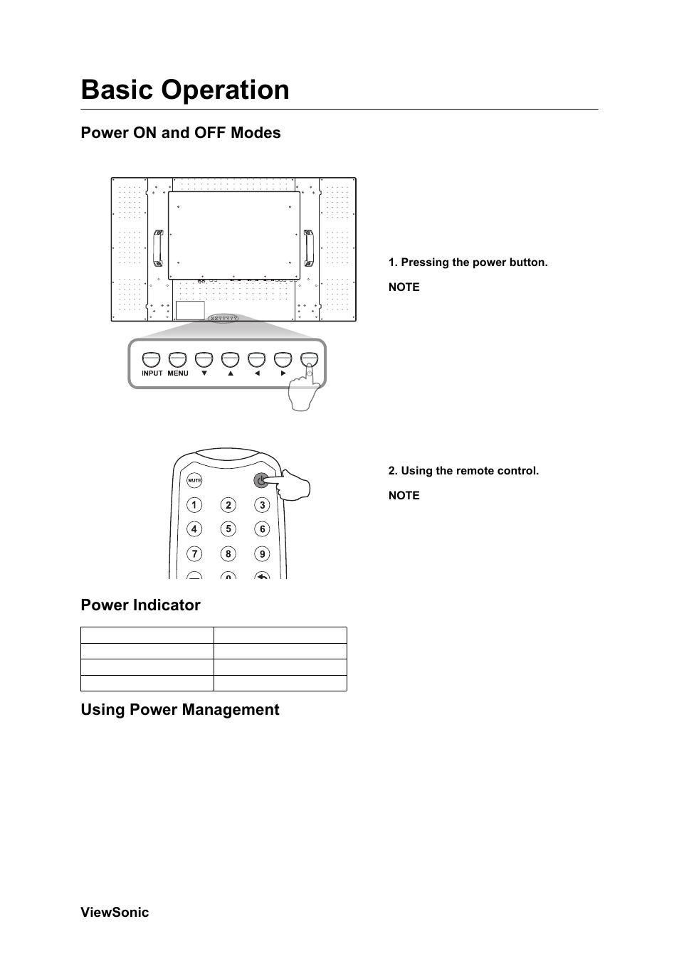 Basic operation, Power on and off modes, Power indicator | Using power management, Power indicator using power management | VIEWSONIC CD4230 VS12541 User Manual | Page 23 / 45