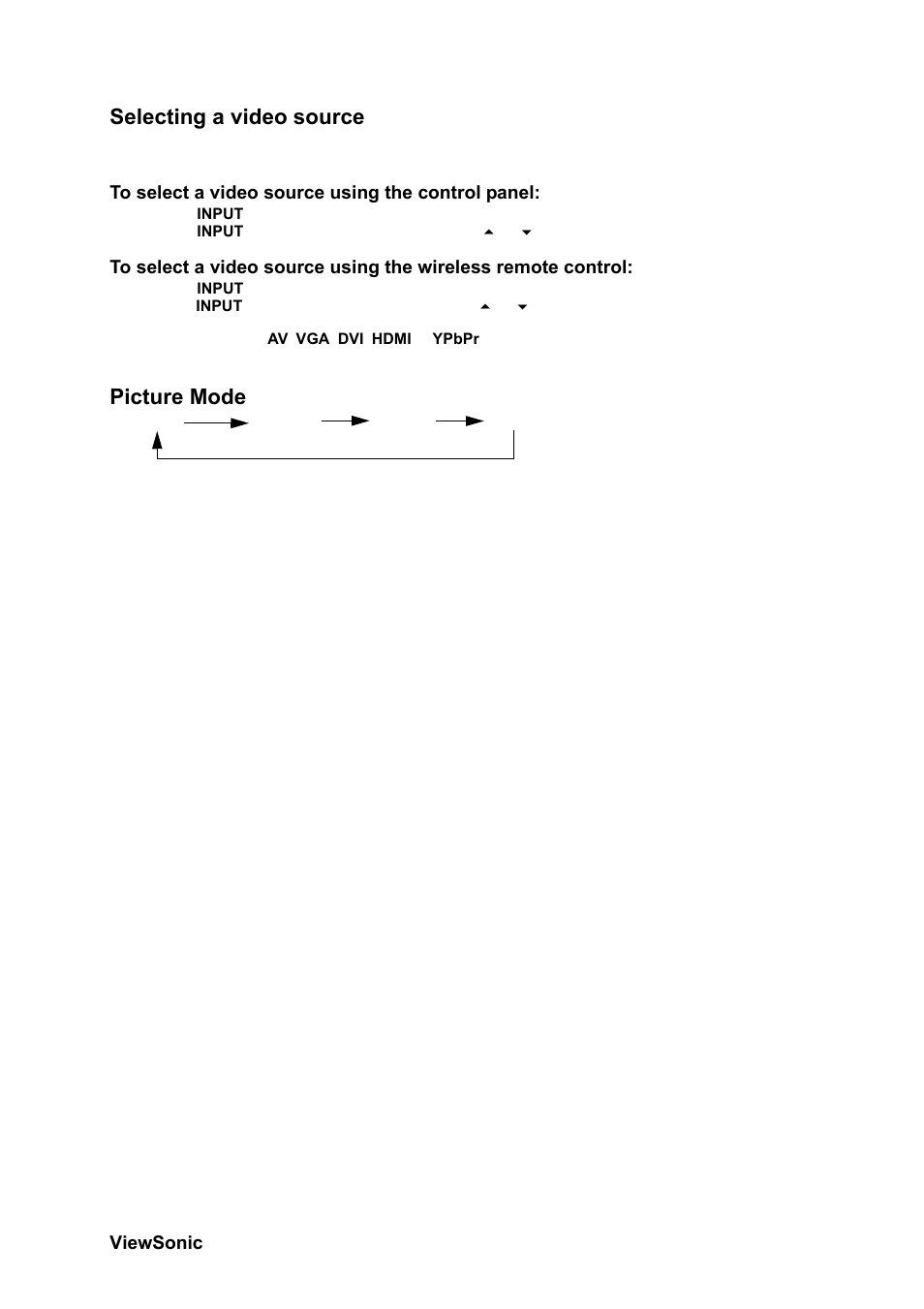 Selecting a video source, To select a video source using the control panel, Picture mode | Selecting a video source picture mode | VIEWSONIC CD4230 VS12541 User Manual | Page 24 / 45