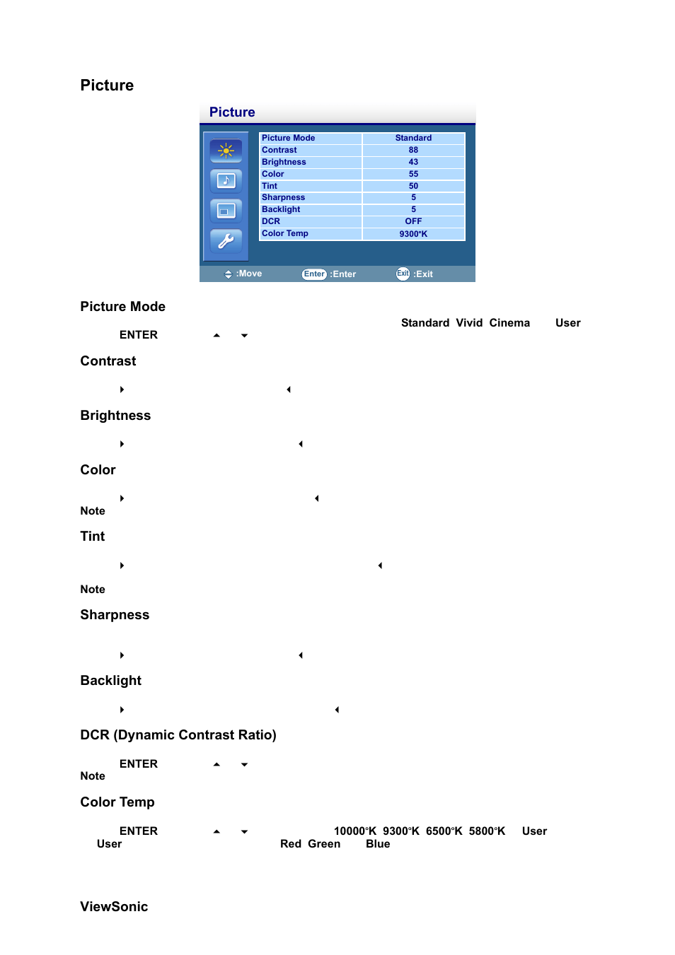 Picture, Picture mode, Contrast | Brightness, Color, Tint, Sharpness, Backlight, Dcr (dynamic contrast ratio), Color temp | VIEWSONIC CD4230 VS12541 User Manual | Page 26 / 45