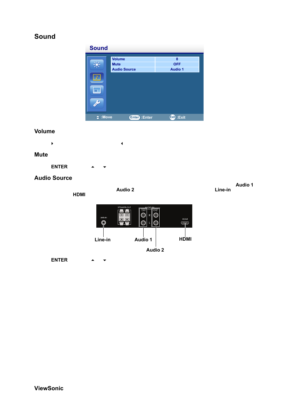 Sound, Volume, Mute | Audio source | VIEWSONIC CD4230 VS12541 User Manual | Page 27 / 45