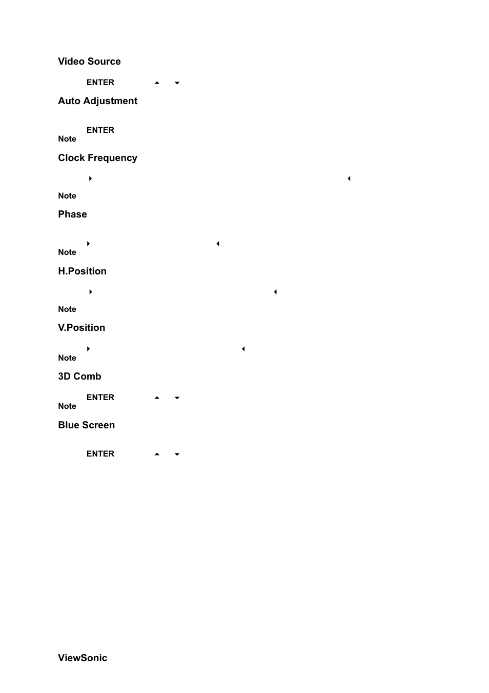 Video source, Auto adjustment, Clock frequency | Phase, H.position, V.position, 3d comb, Blue screen | VIEWSONIC CD4230 VS12541 User Manual | Page 29 / 45