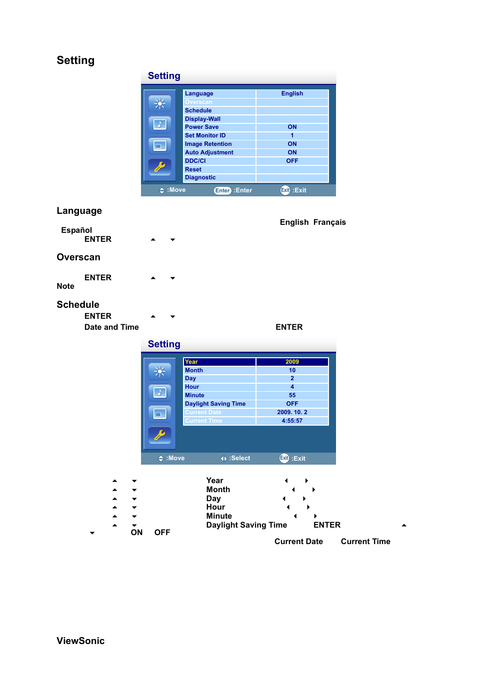 Setting, Language, Overscan | Schedule | VIEWSONIC CD4230 VS12541 User Manual | Page 30 / 45