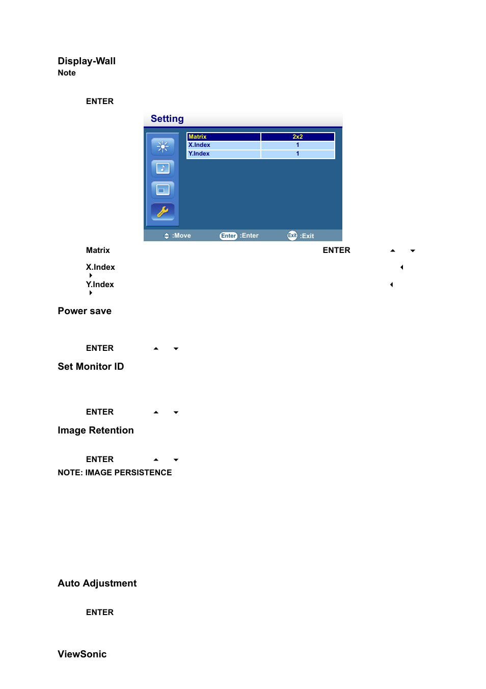 Display-wall, Power save, Set monitor id | Image retention, Auto adjustment, Setting | VIEWSONIC CD4230 VS12541 User Manual | Page 32 / 45
