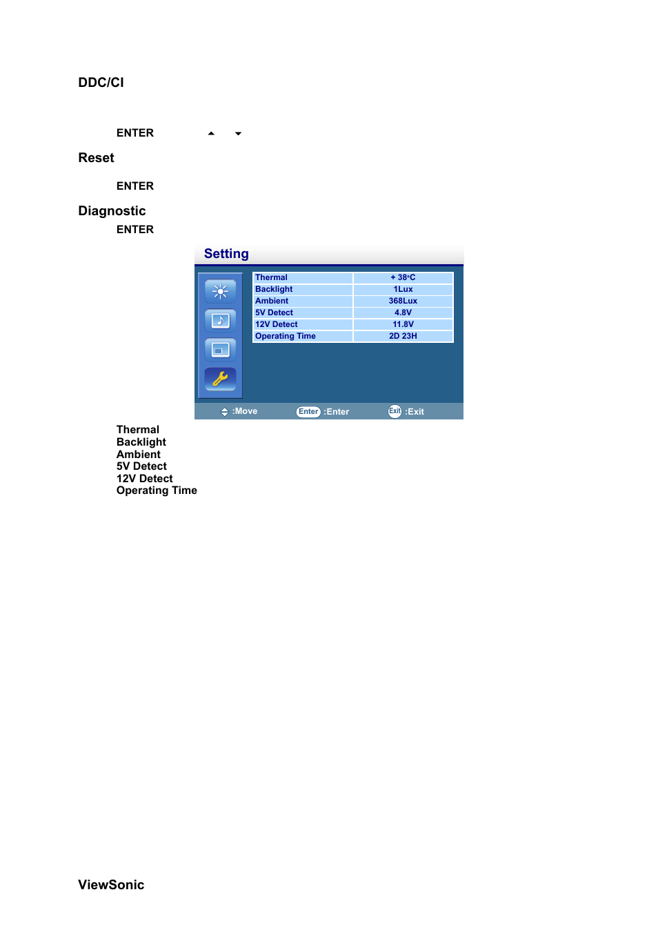 Ddc/ci, Reset, Diagnostic | Setting | VIEWSONIC CD4230 VS12541 User Manual | Page 33 / 45