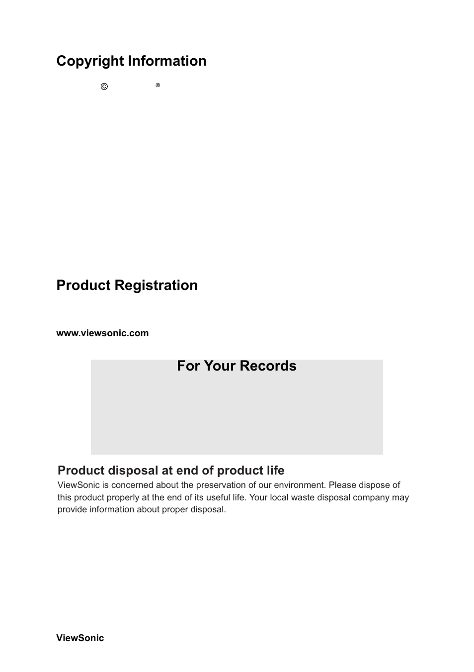 Copyright information, Product registration, For your records | Product disposal at end of product life | VIEWSONIC CD4230 VS12541 User Manual | Page 6 / 45