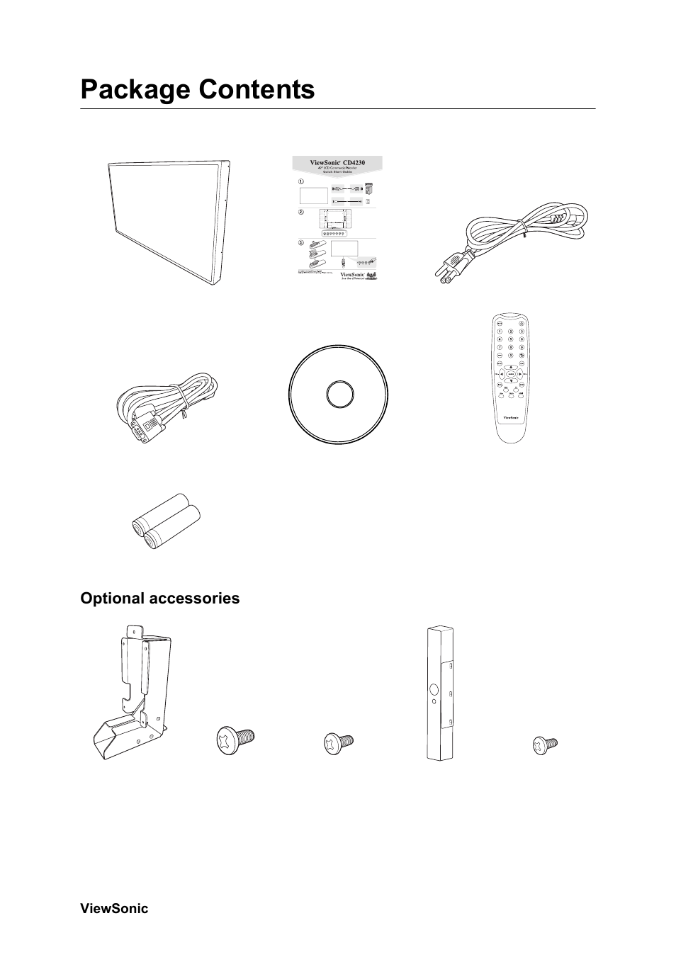 Package contents, Optional accessories | VIEWSONIC CD4230 VS12541 User Manual | Page 8 / 45