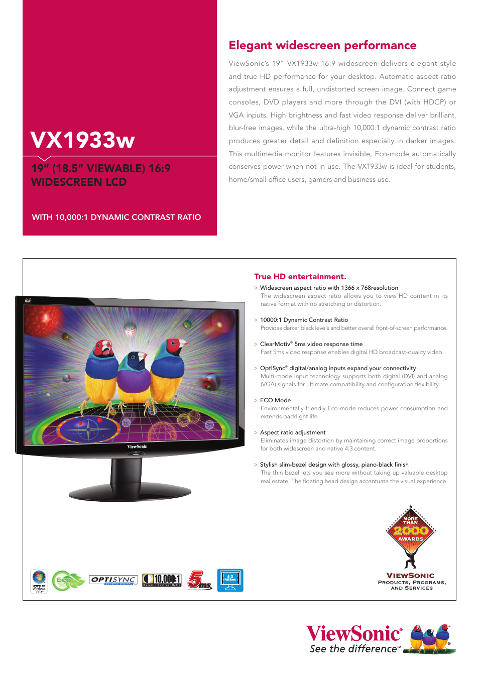 VIEWSONIC 19" Widescreen LCD VX1933w User Manual | 2 pages