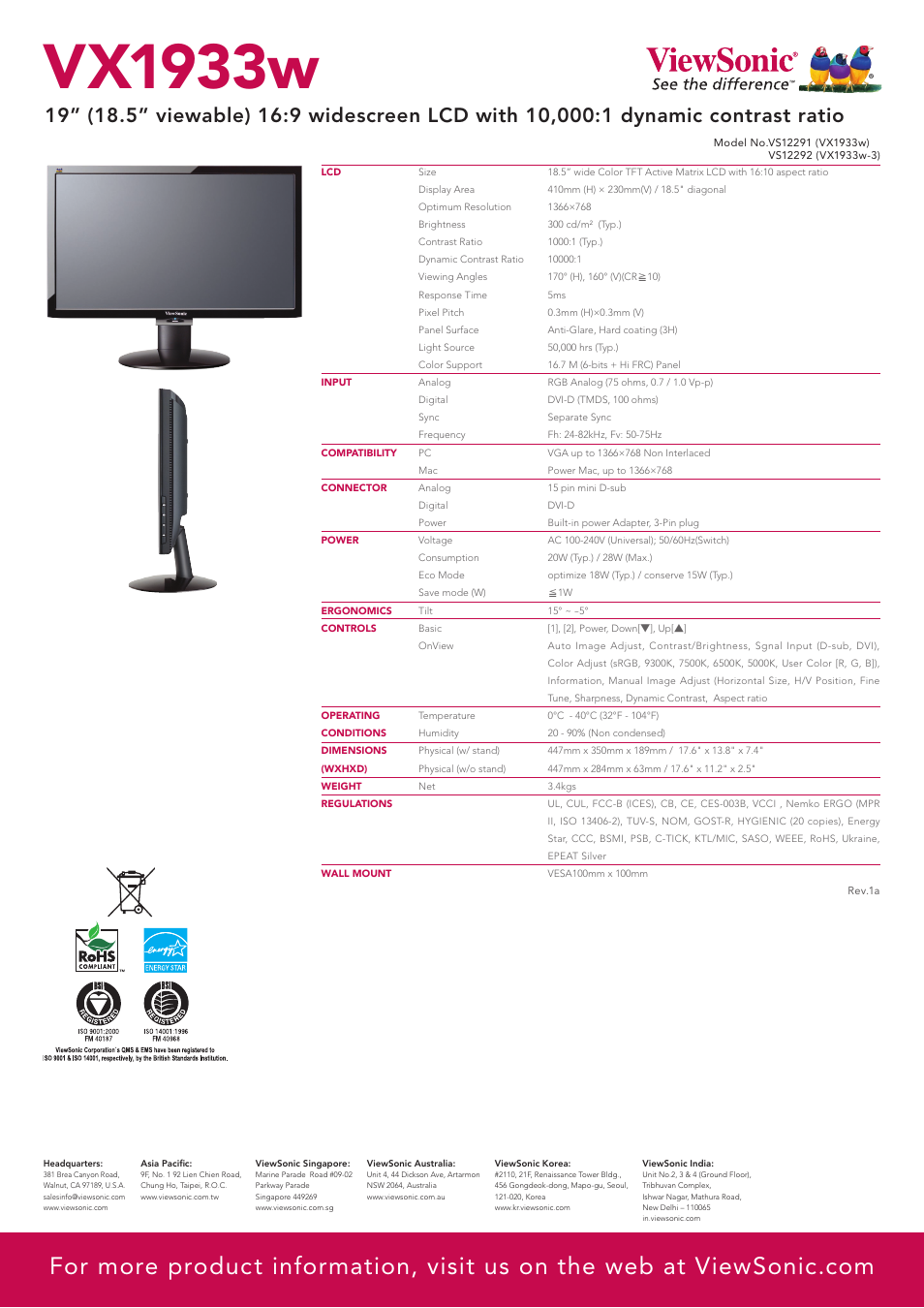 Vx1933w | VIEWSONIC 19" Widescreen LCD VX1933w User Manual | Page 2 / 2