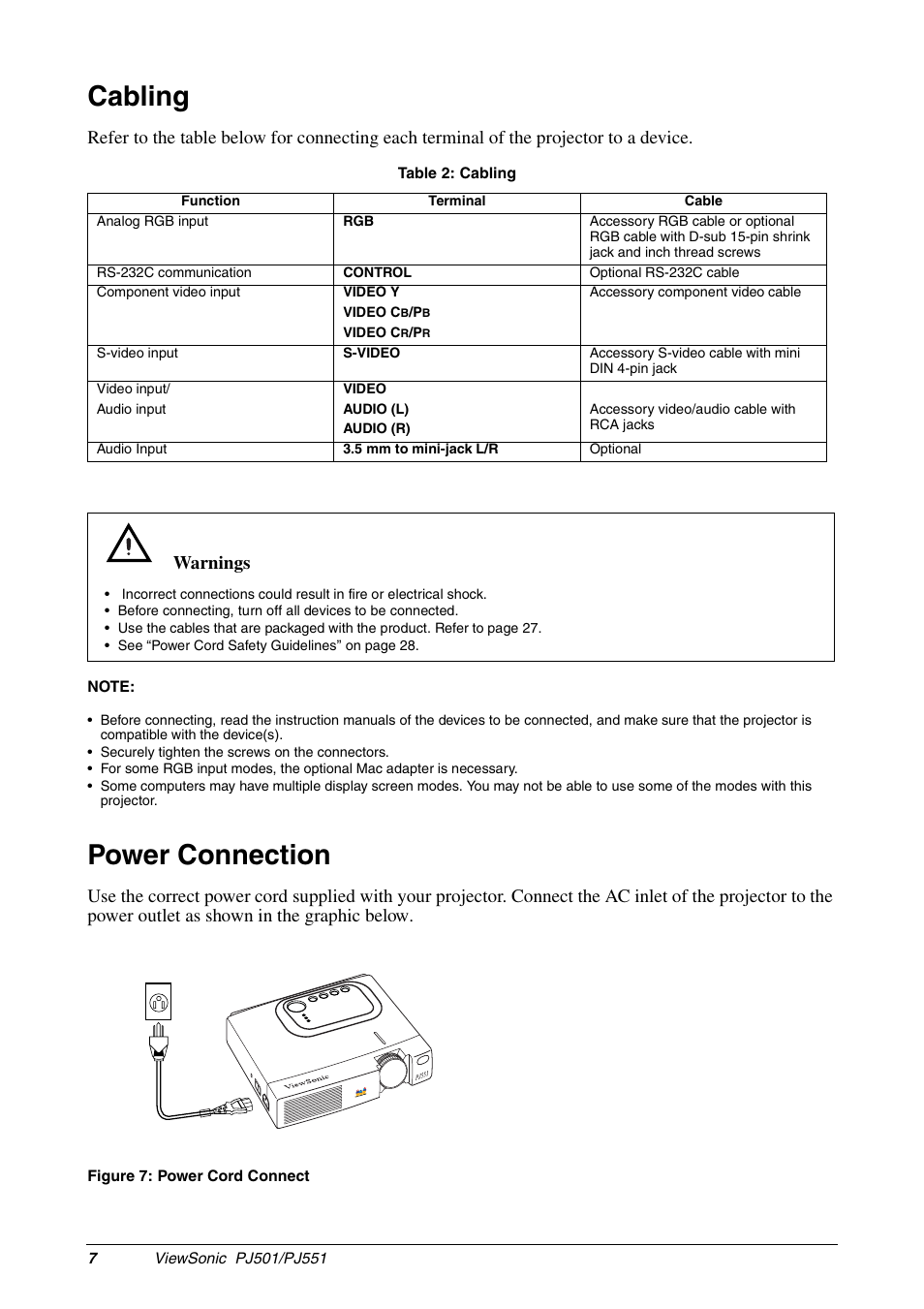 Cabling, Power connection, Warnings | VIEWSONIC PJ551 User Manual | Page 10 / 32