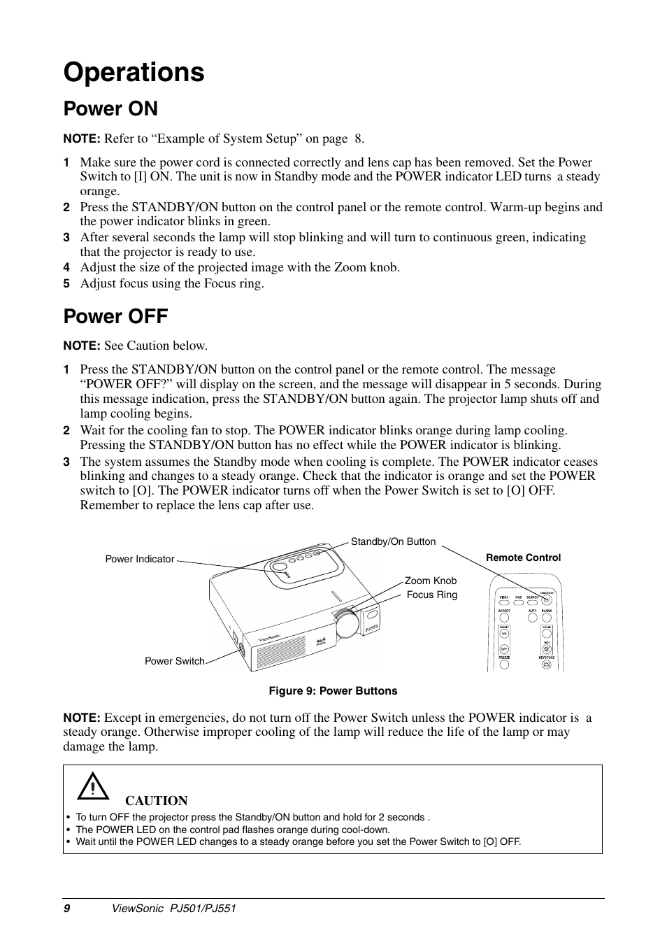 Operations, Power on, Power off | VIEWSONIC PJ551 User Manual | Page 12 / 32