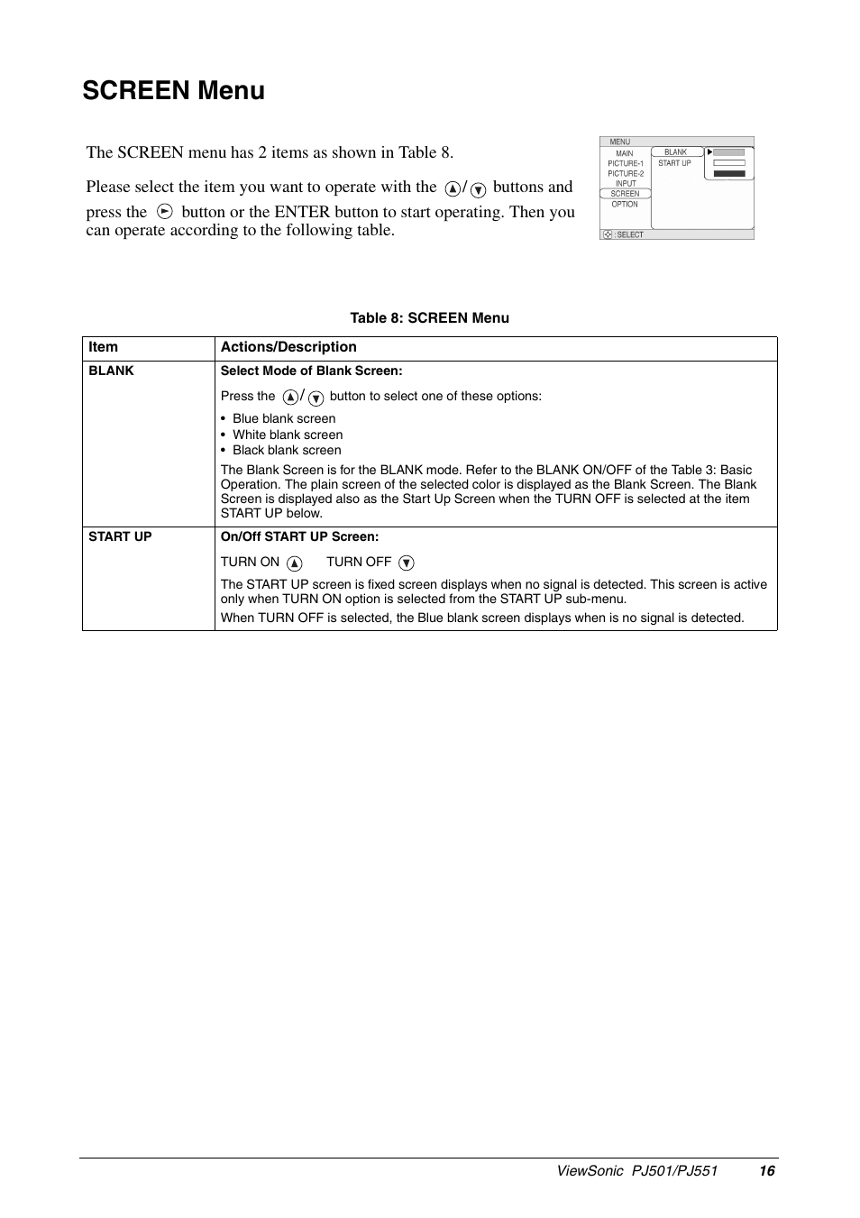 Screen menu | VIEWSONIC PJ551 User Manual | Page 19 / 32