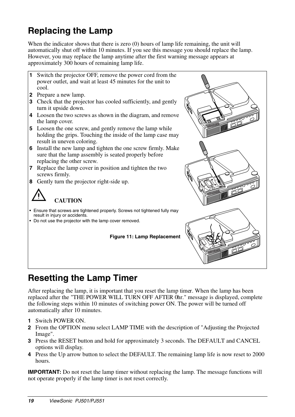 Replacing the lamp, Resetting the lamp timer | VIEWSONIC PJ551 User Manual | Page 22 / 32