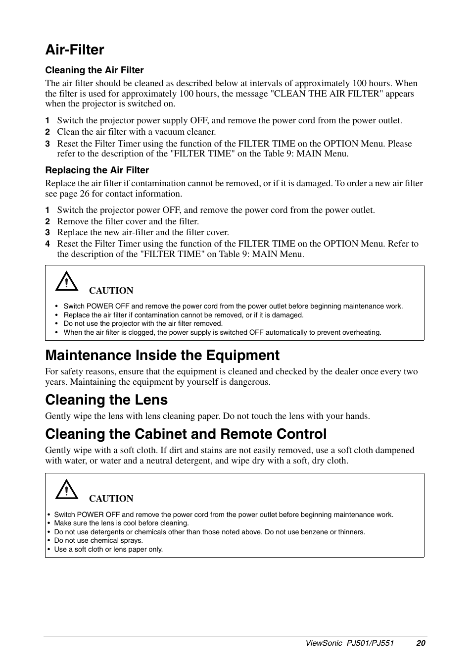 Air-filter, Maintenance inside the equipment, Cleaning the lens | Cleaning the cabinet and remote control | VIEWSONIC PJ551 User Manual | Page 23 / 32