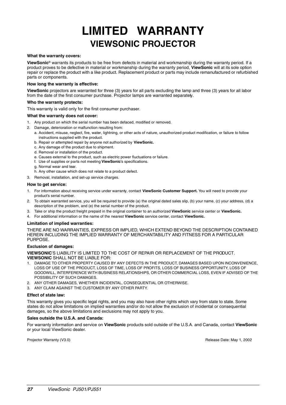 Limited warranty, Viewsonic projector | VIEWSONIC PJ551 User Manual | Page 30 / 32