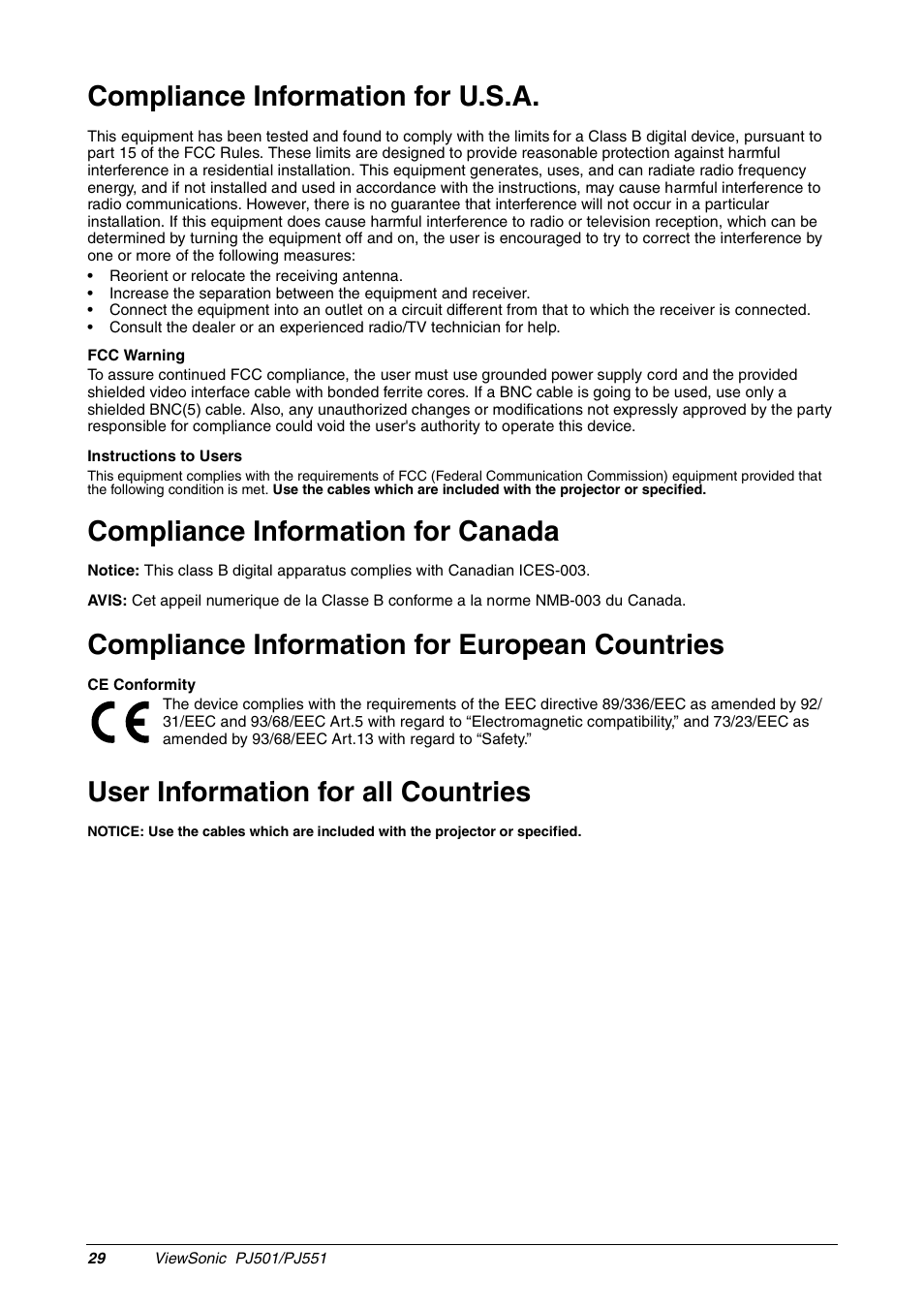 Compliance information for u.s.a, Compliance information for canada, Compliance information for european countries | User information for all countries | VIEWSONIC PJ551 User Manual | Page 32 / 32