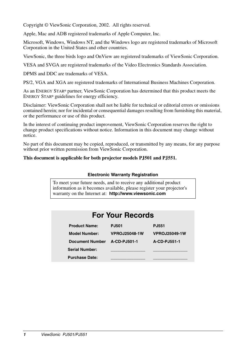 For your records | VIEWSONIC PJ551 User Manual | Page 4 / 32