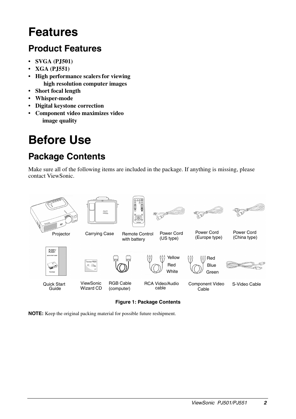 Features, Before use, Product features | Package contents | VIEWSONIC PJ551 User Manual | Page 5 / 32