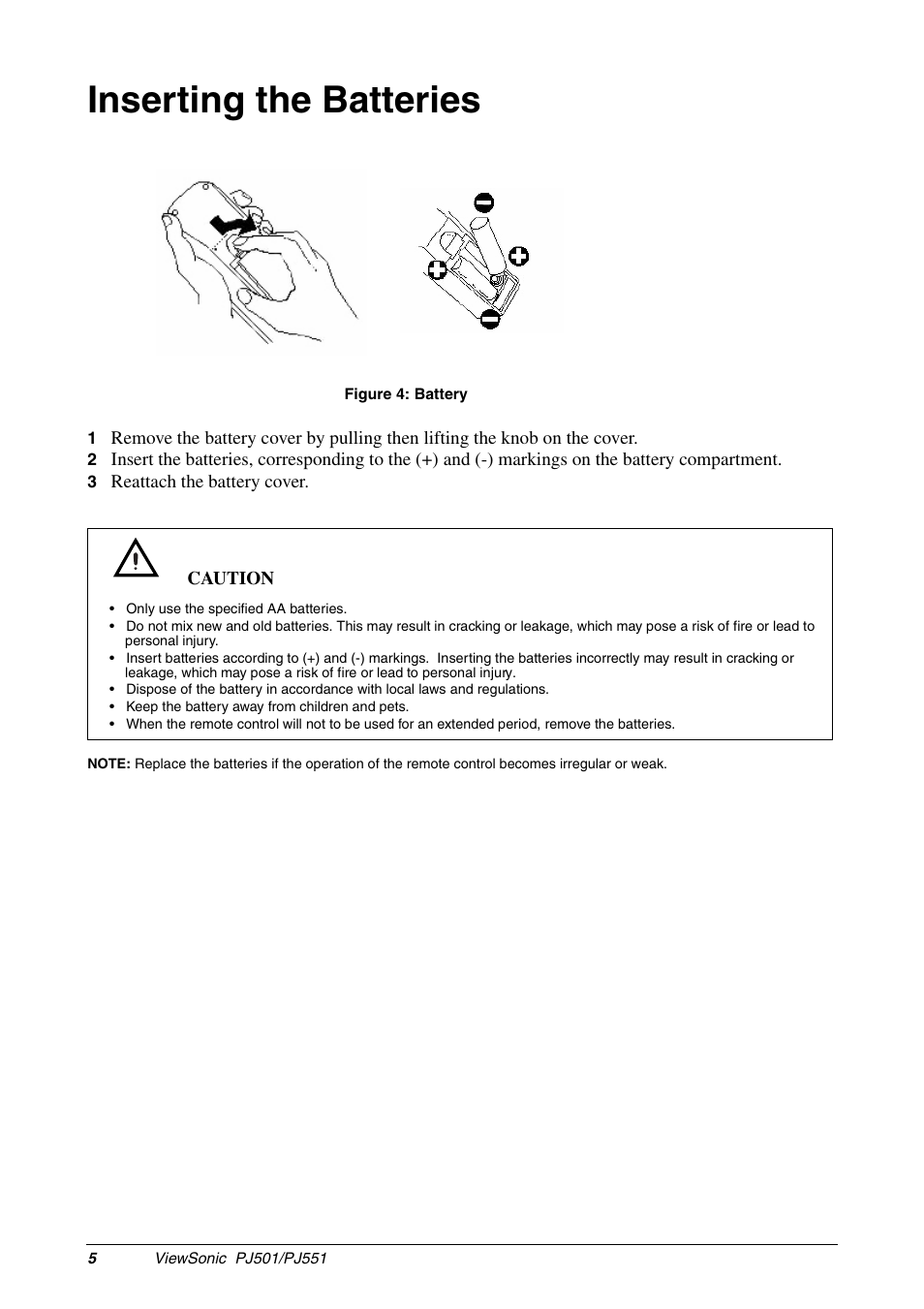 Inserting the batteries | VIEWSONIC PJ551 User Manual | Page 8 / 32