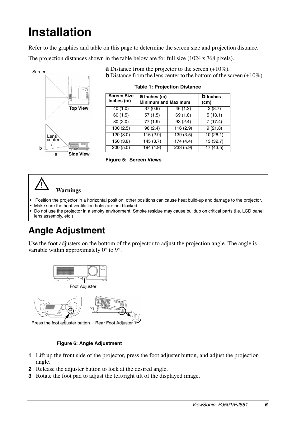 Installation, Angle adjustment | VIEWSONIC PJ551 User Manual | Page 9 / 32