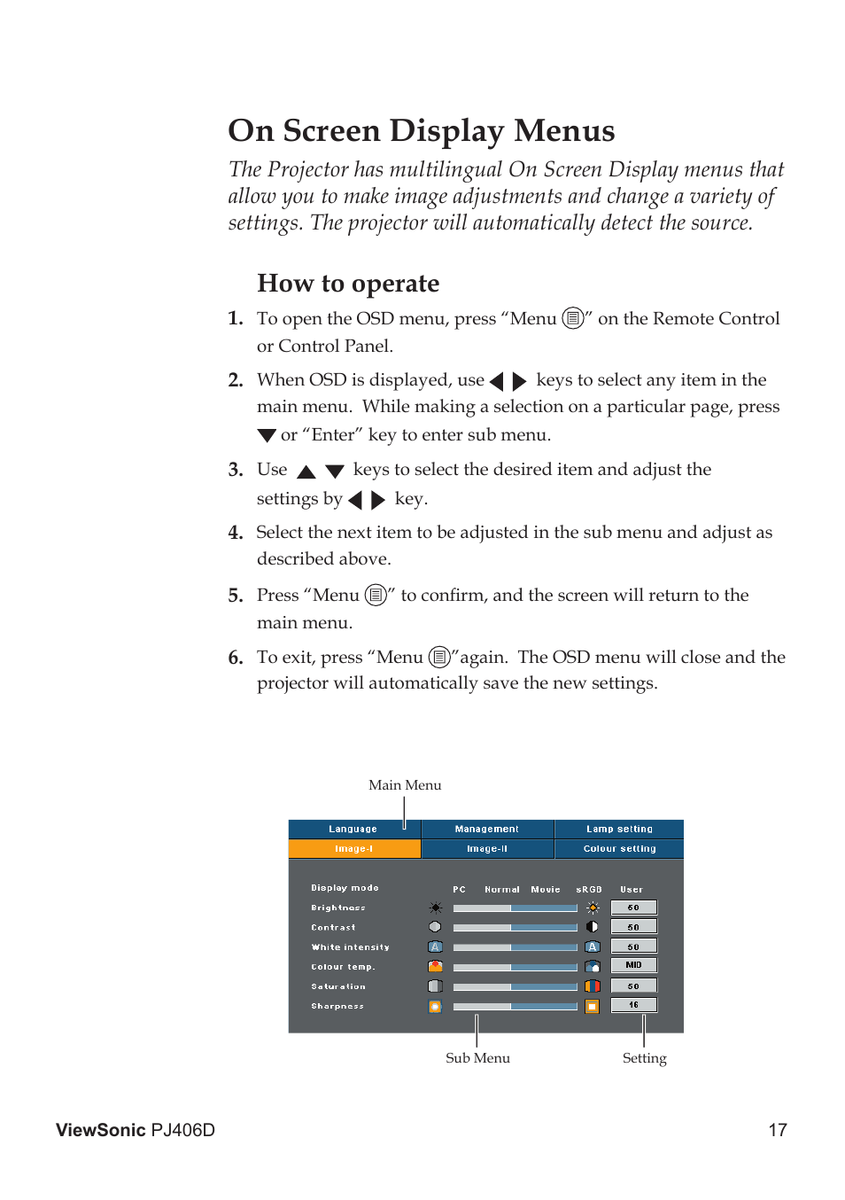 On screen display menus, How to operate | VIEWSONIC PJ406D User Manual | Page 21 / 38