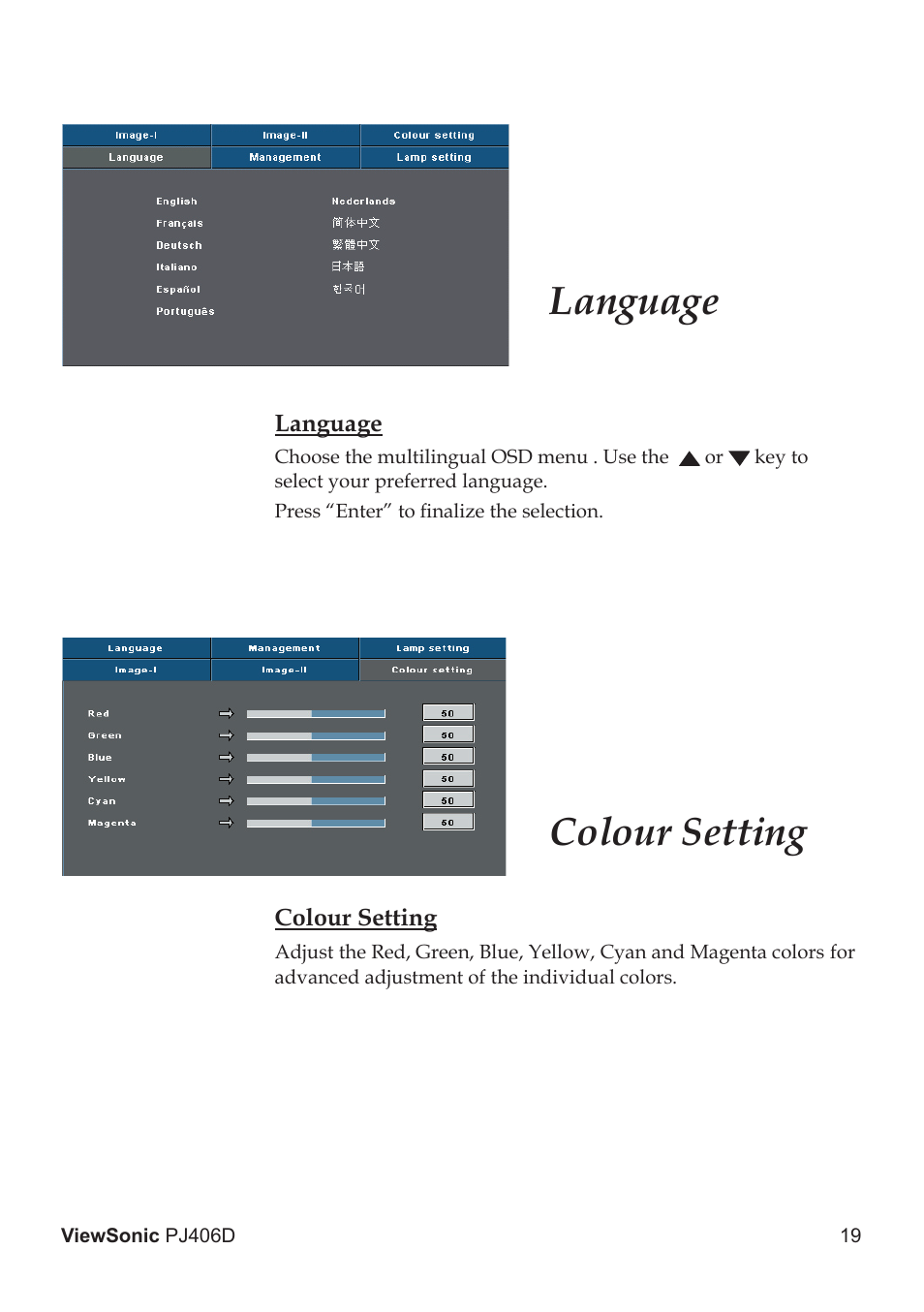 Language, Colour setting | VIEWSONIC PJ406D User Manual | Page 23 / 38