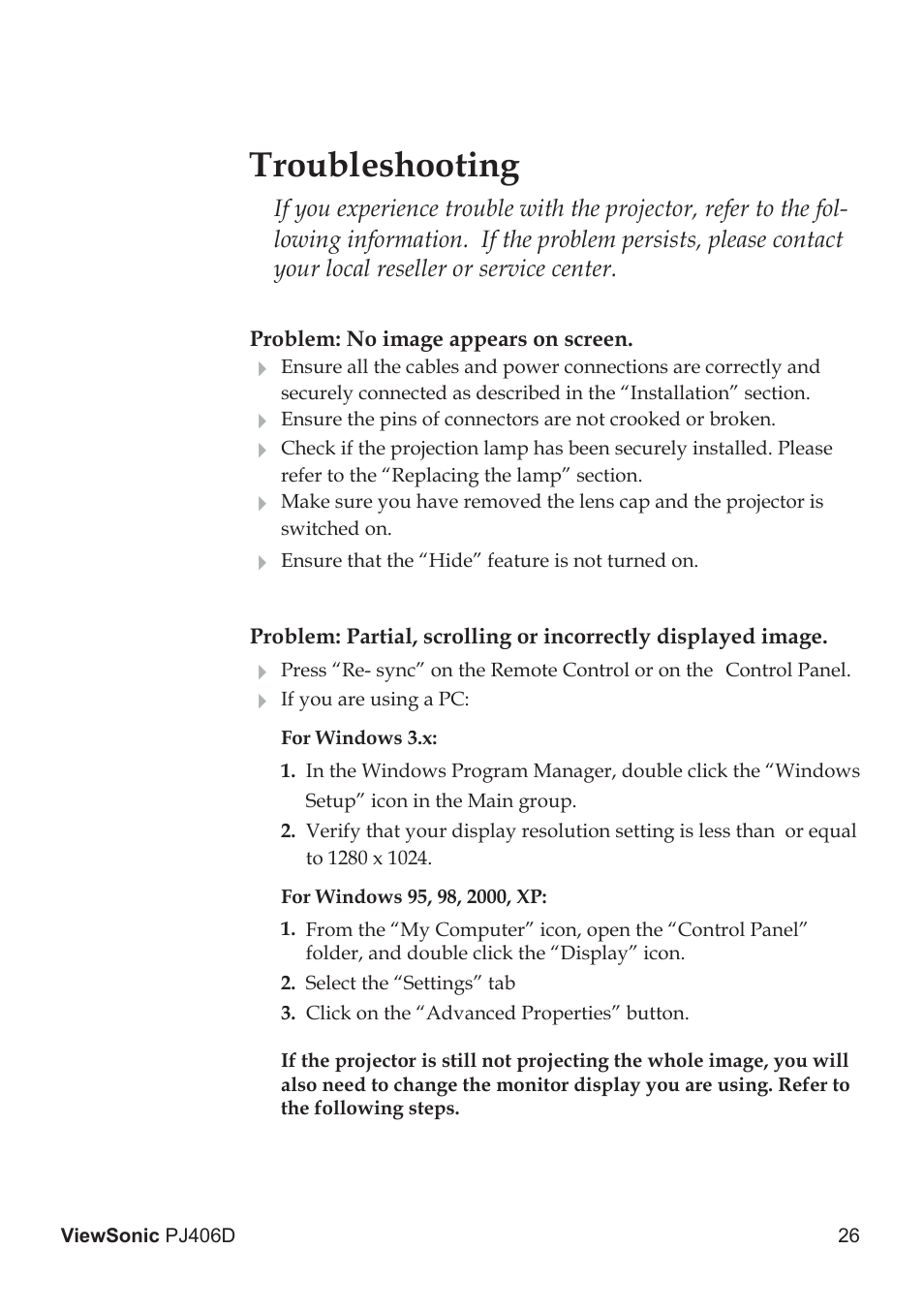 Troubleshooting | VIEWSONIC PJ406D User Manual | Page 30 / 38