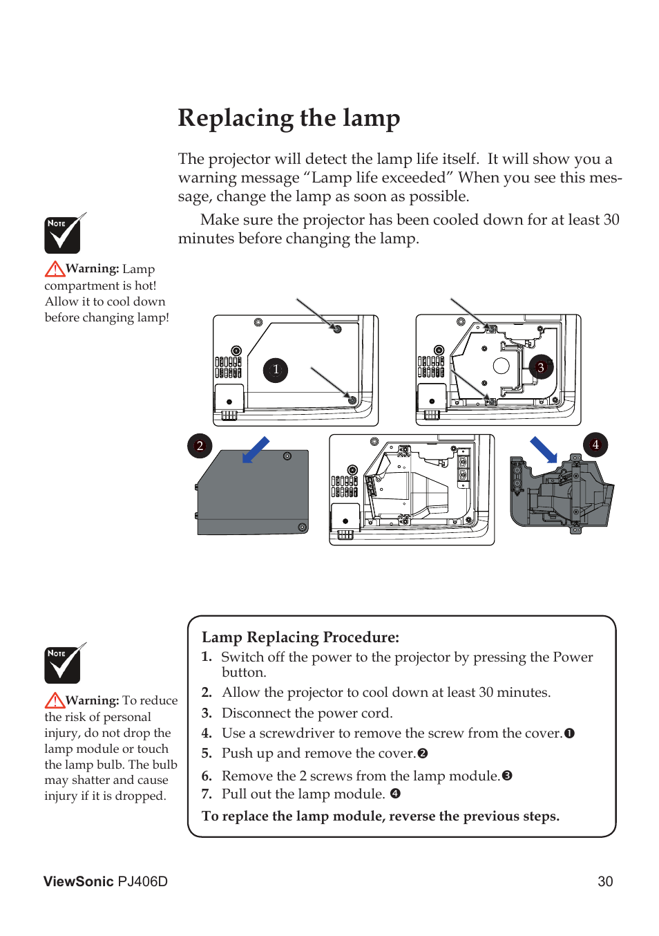 Replacing the lamp | VIEWSONIC PJ406D User Manual | Page 34 / 38