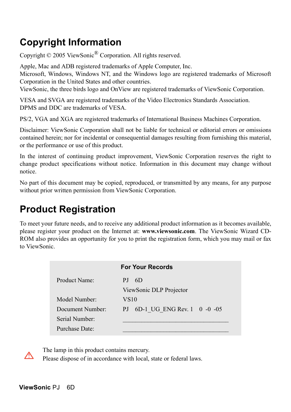 Copyright information, Product registration | VIEWSONIC PJ406D User Manual | Page 4 / 38