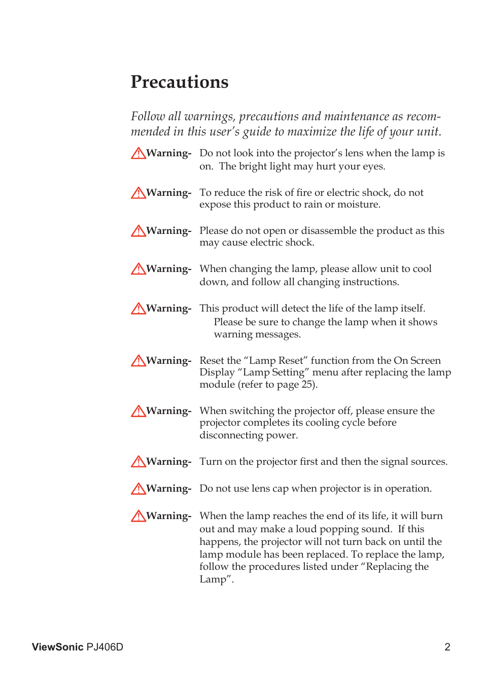 Precautions | VIEWSONIC PJ406D User Manual | Page 6 / 38