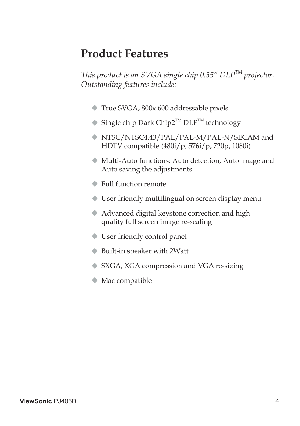 Product features | VIEWSONIC PJ406D User Manual | Page 8 / 38