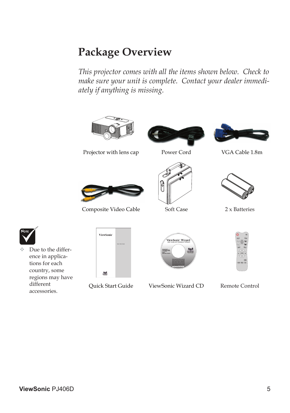 Package overview | VIEWSONIC PJ406D User Manual | Page 9 / 38