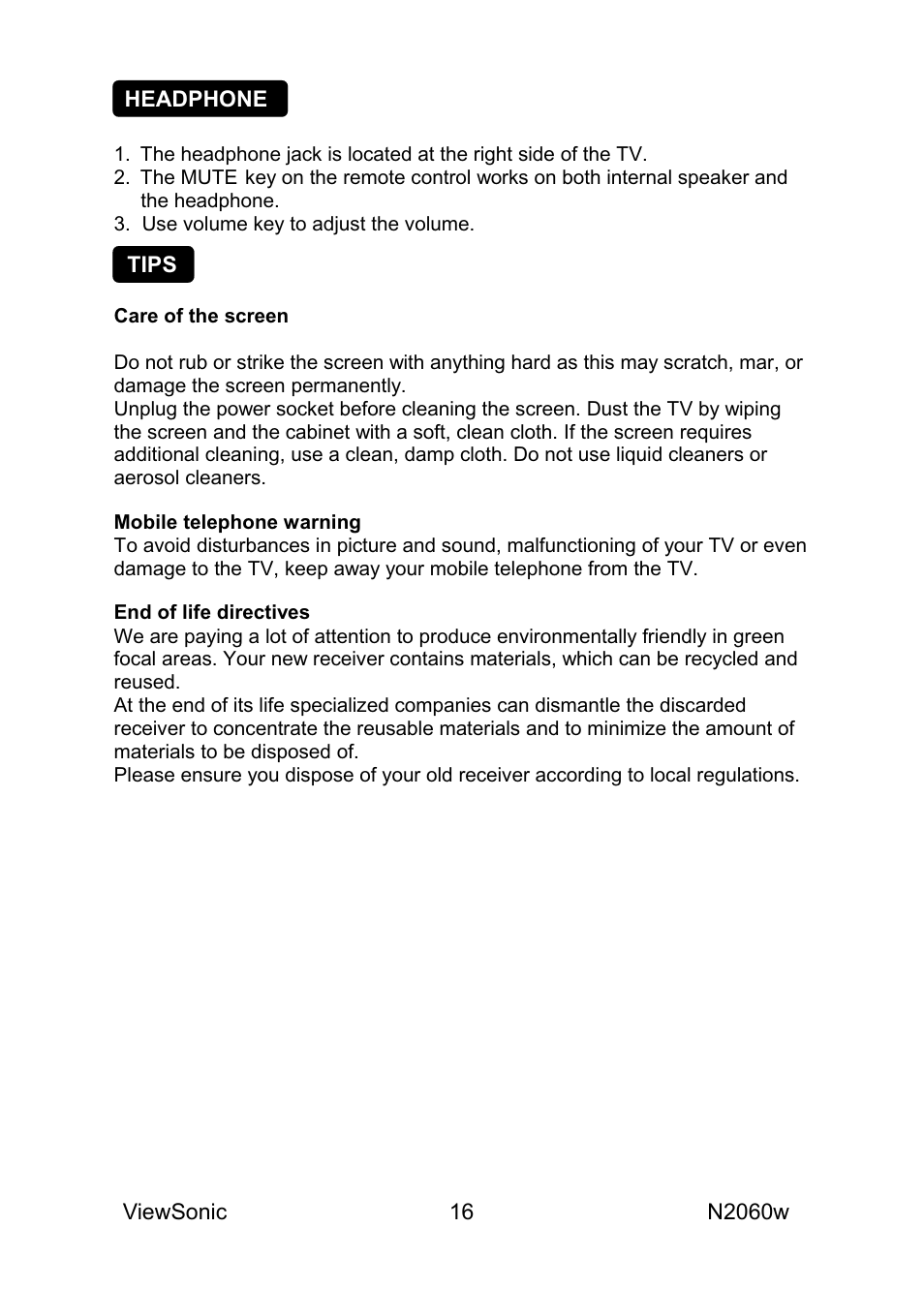 Headphone, Tips | VIEWSONIC N2060W User Manual | Page 18 / 24