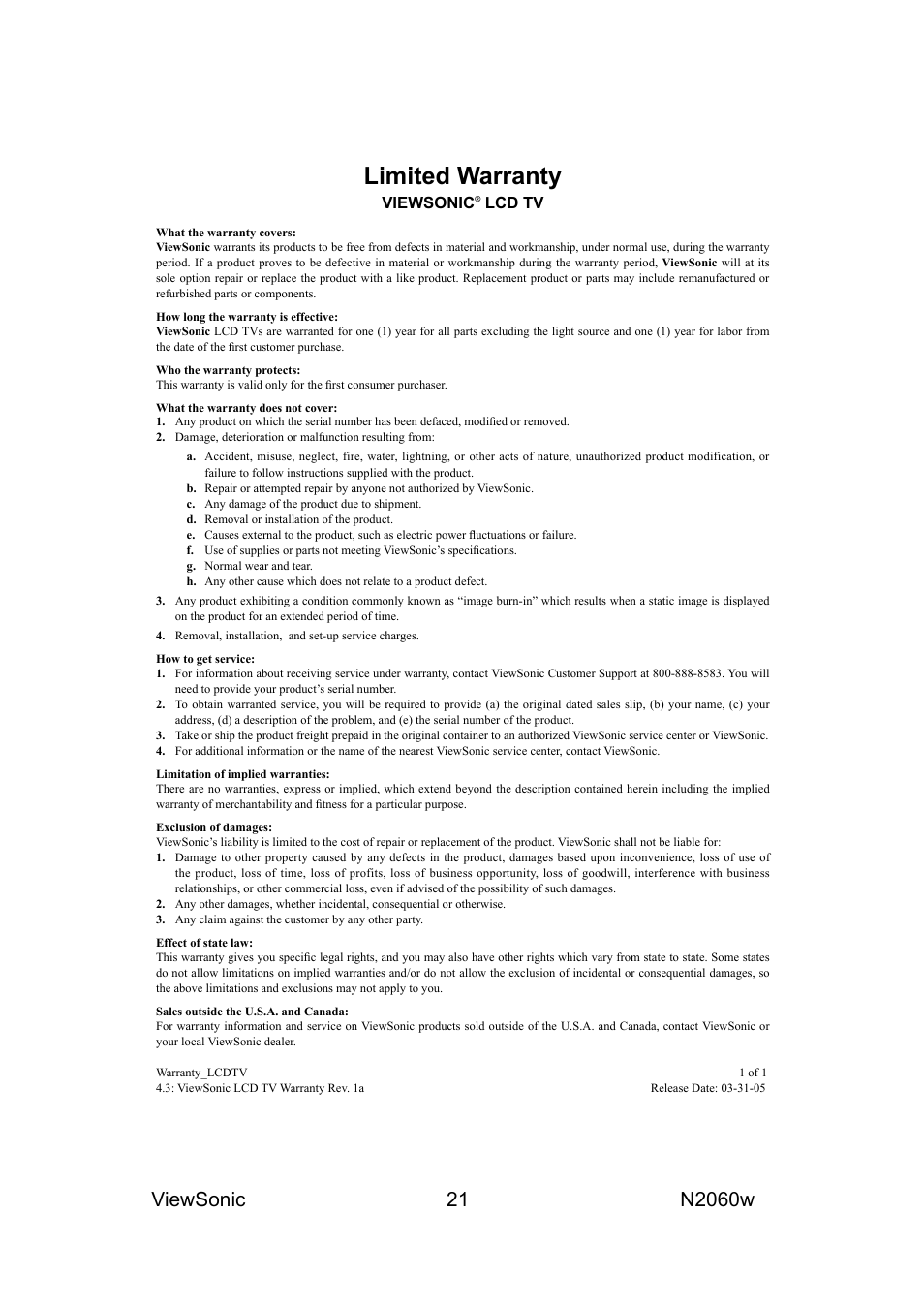 Limited warranty, Viewsonic, Lcd tv | VIEWSONIC N2060W User Manual | Page 23 / 24