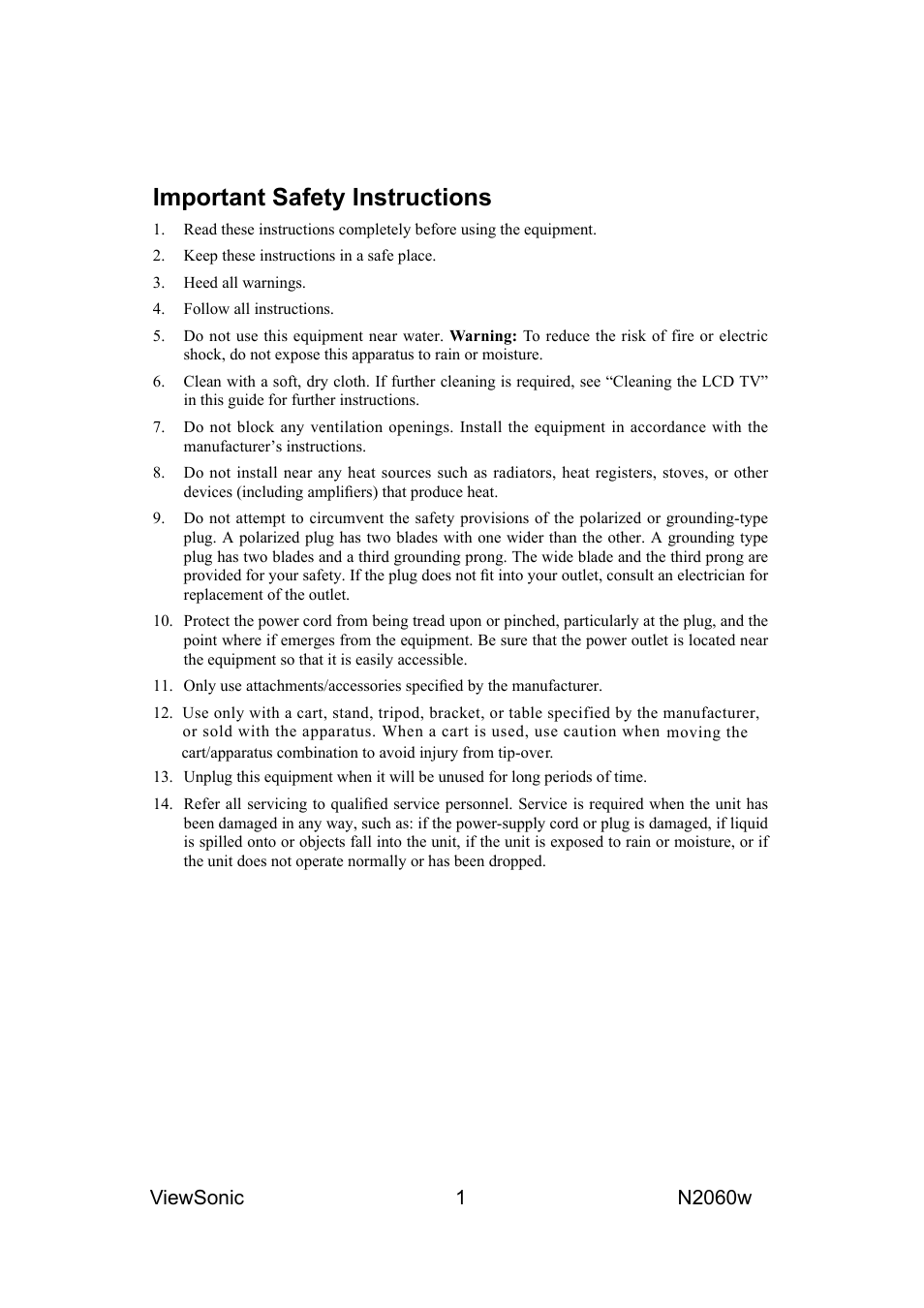 Important safety instructions | VIEWSONIC N2060W User Manual | Page 3 / 24