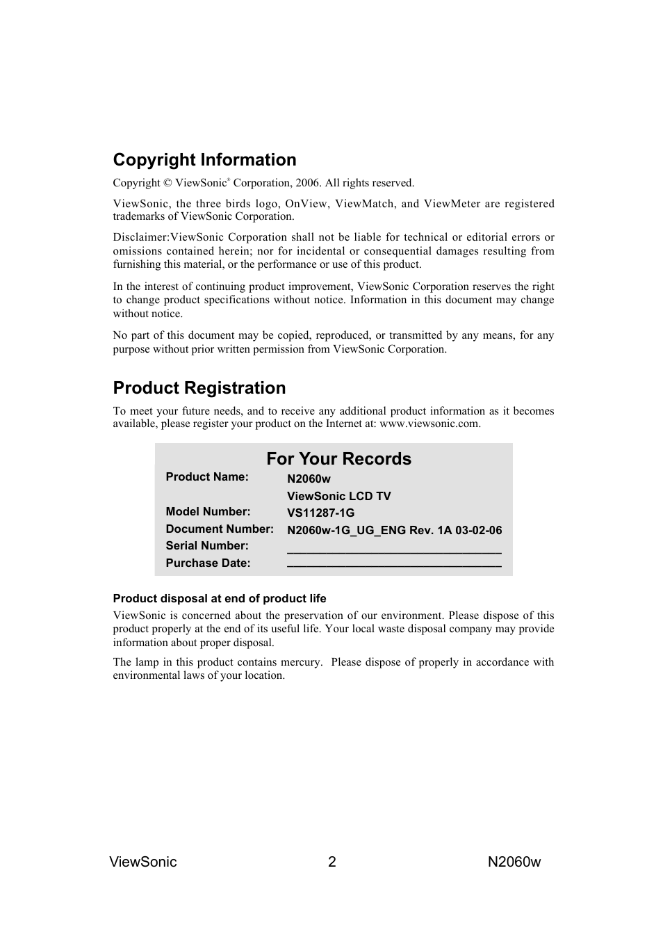 Copyright information, Product registration, For your records | VIEWSONIC N2060W User Manual | Page 4 / 24