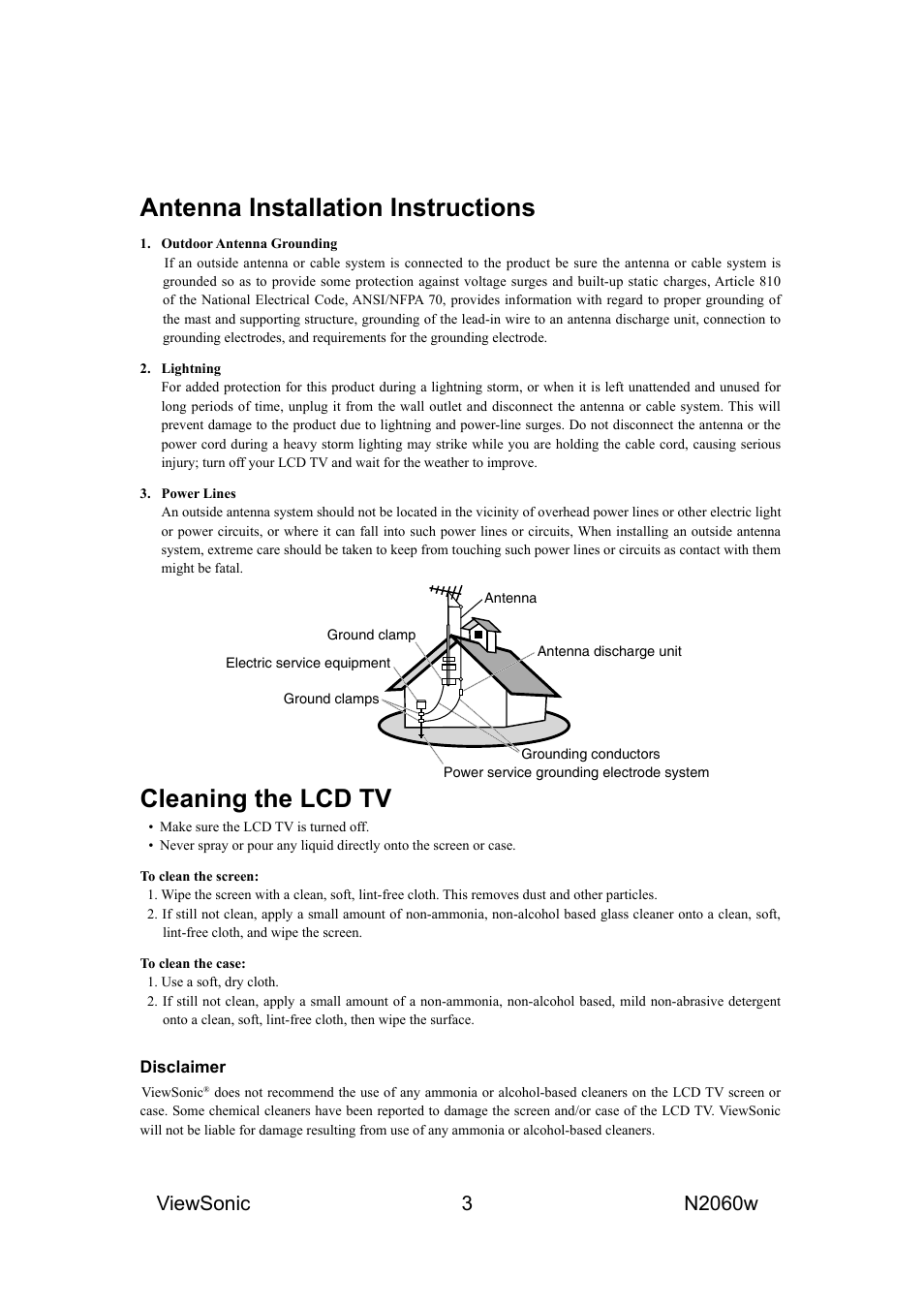 Antenna installation instructions, Cleaning the lcd tv | VIEWSONIC N2060W User Manual | Page 5 / 24