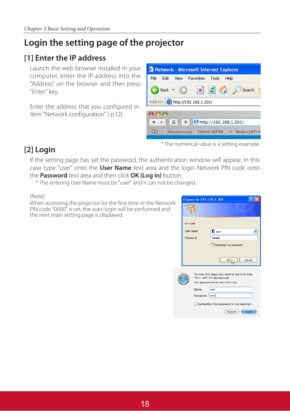 Login the setting page of the projector, 1] enter the ip address, 2] login | VIEWSONIC PJL6233 User Manual | Page 105 / 176