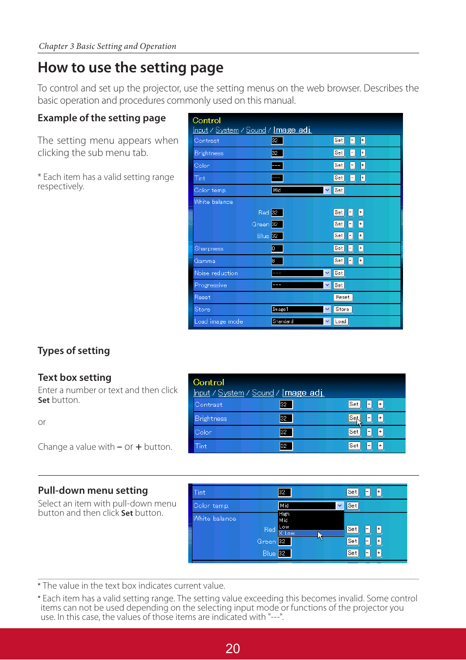 How to use the setting page | VIEWSONIC PJL6233 User Manual | Page 107 / 176