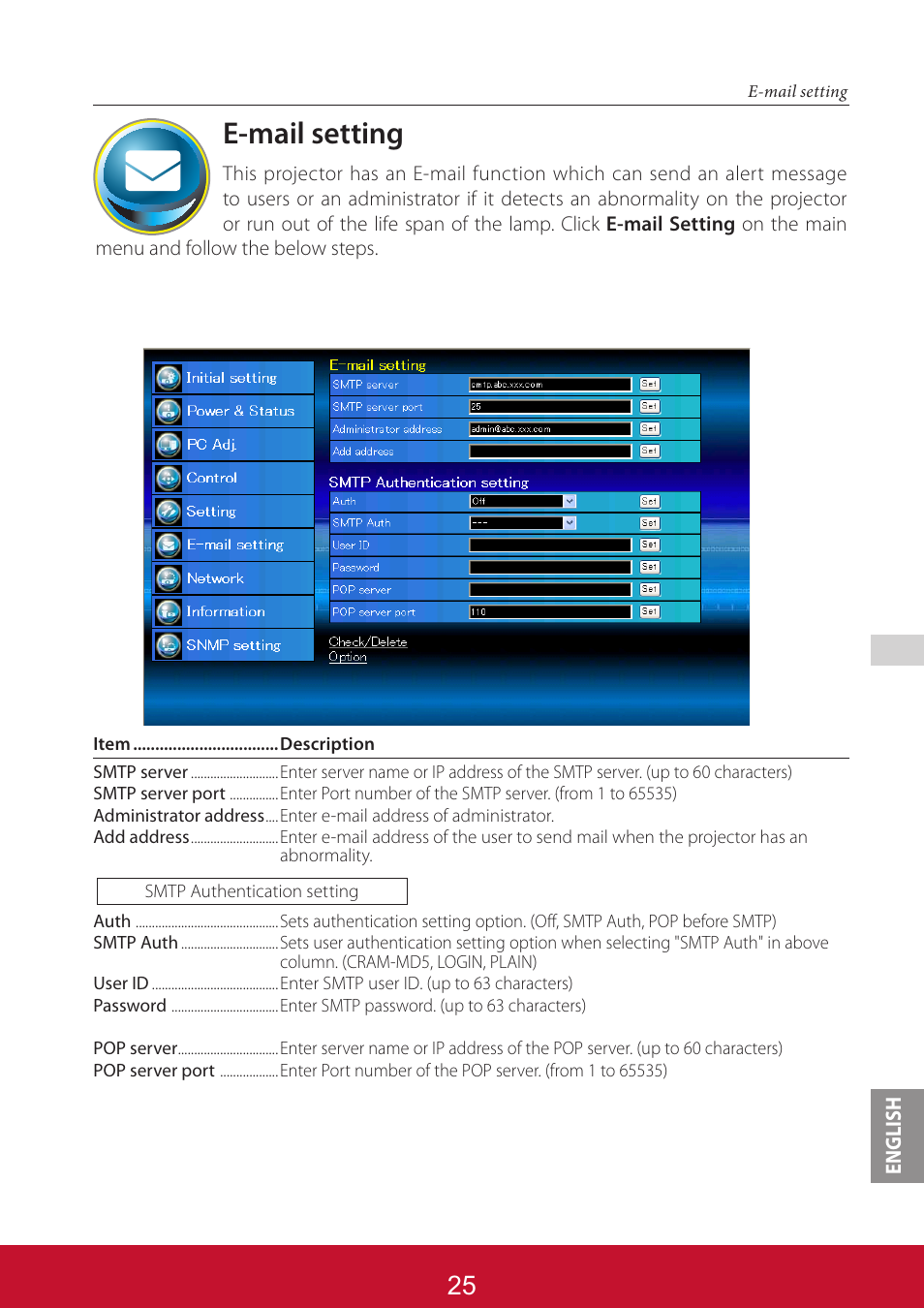 E-mail setting | VIEWSONIC PJL6233 User Manual | Page 112 / 176