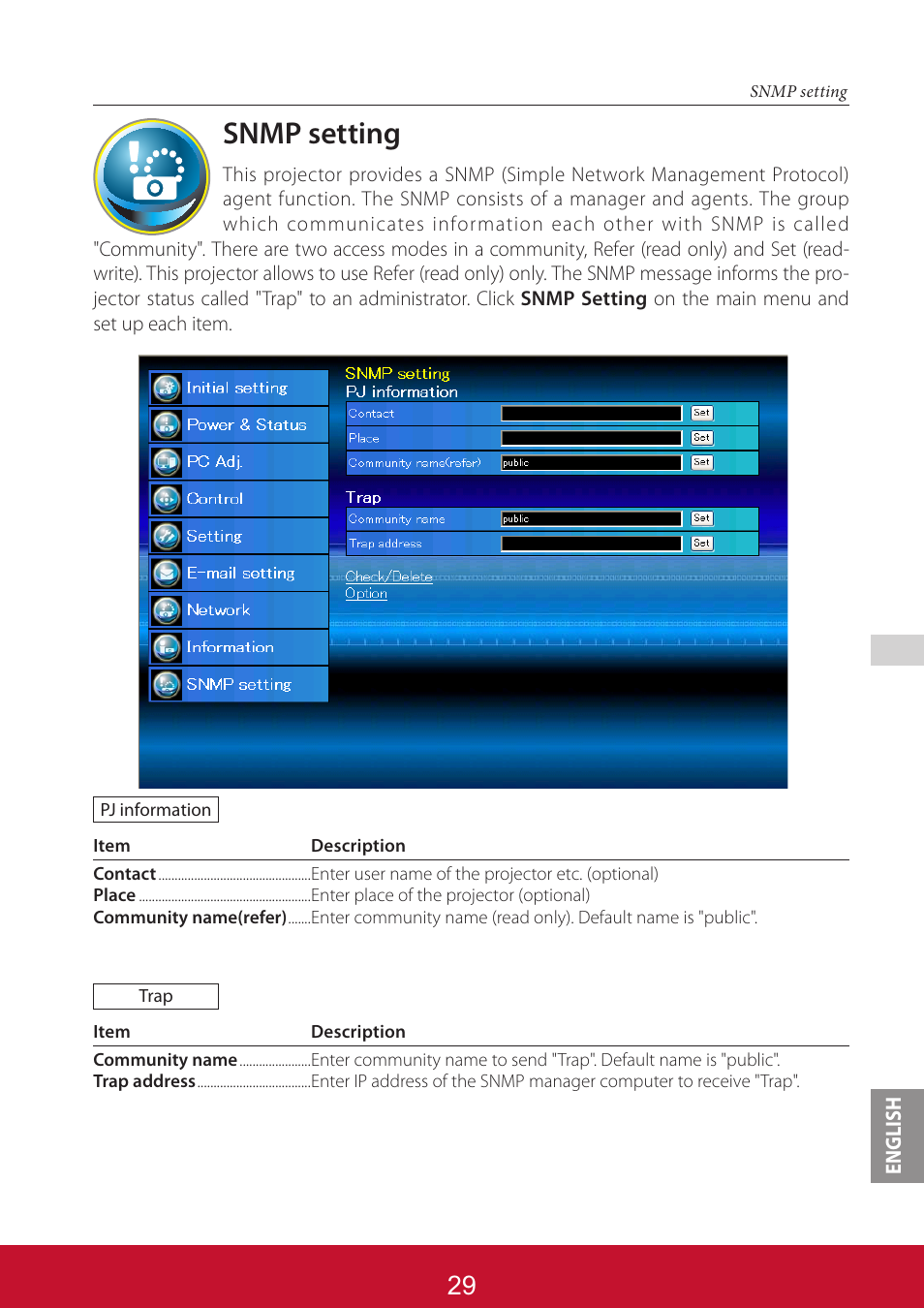 Snmp setting | VIEWSONIC PJL6233 User Manual | Page 116 / 176