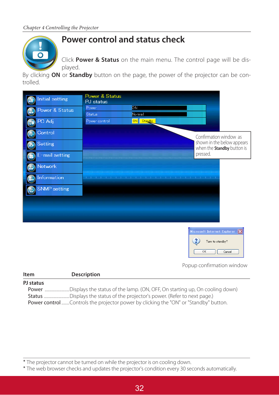 Power control and status check | VIEWSONIC PJL6233 User Manual | Page 119 / 176