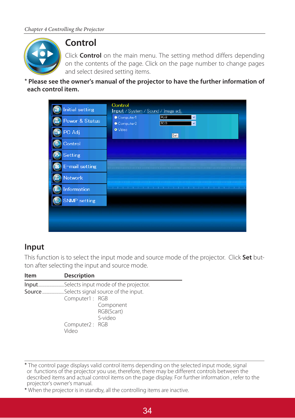 Control, Input | VIEWSONIC PJL6233 User Manual | Page 121 / 176