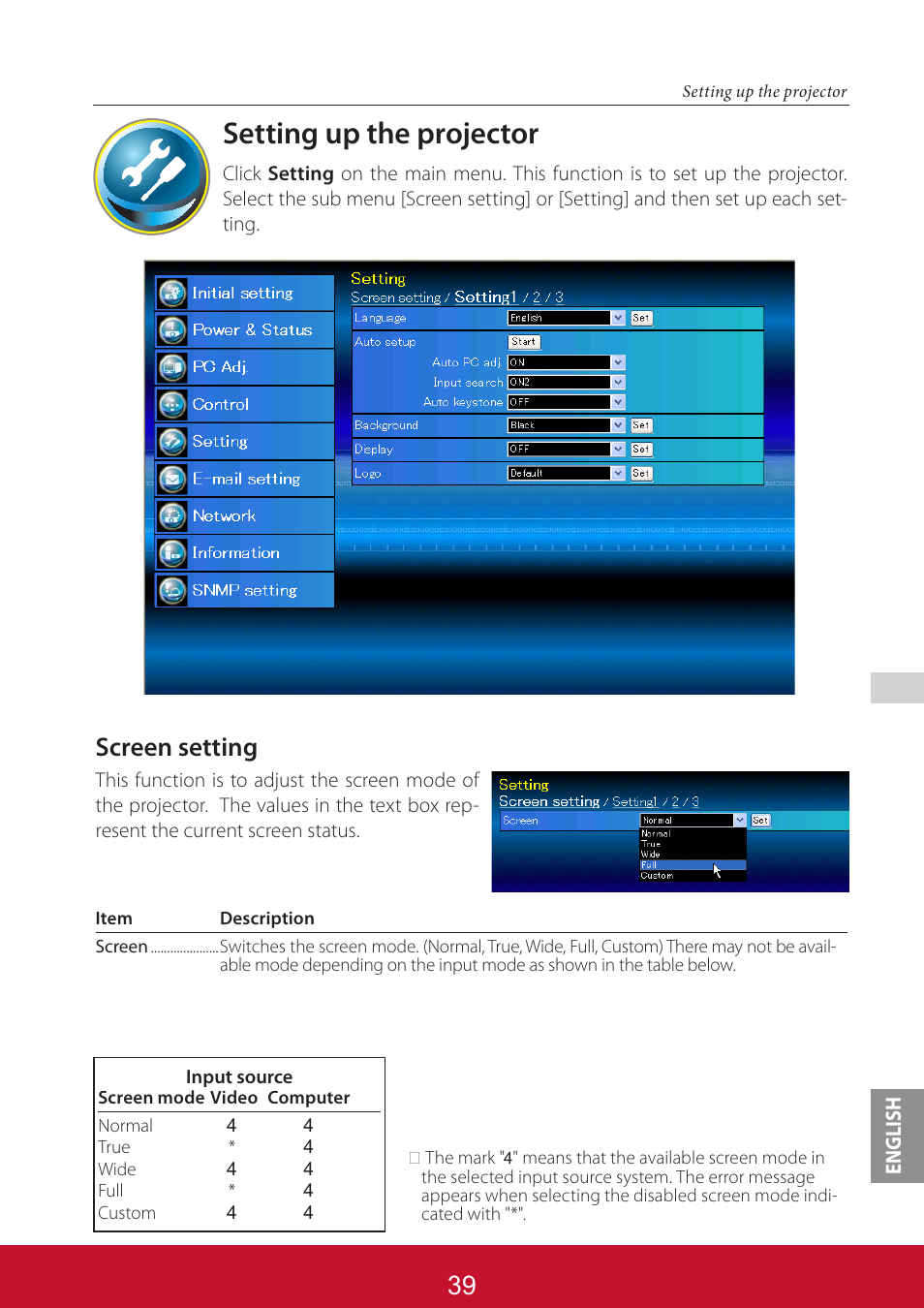 Setting up the projector, Screen setting | VIEWSONIC PJL6233 User Manual | Page 126 / 176