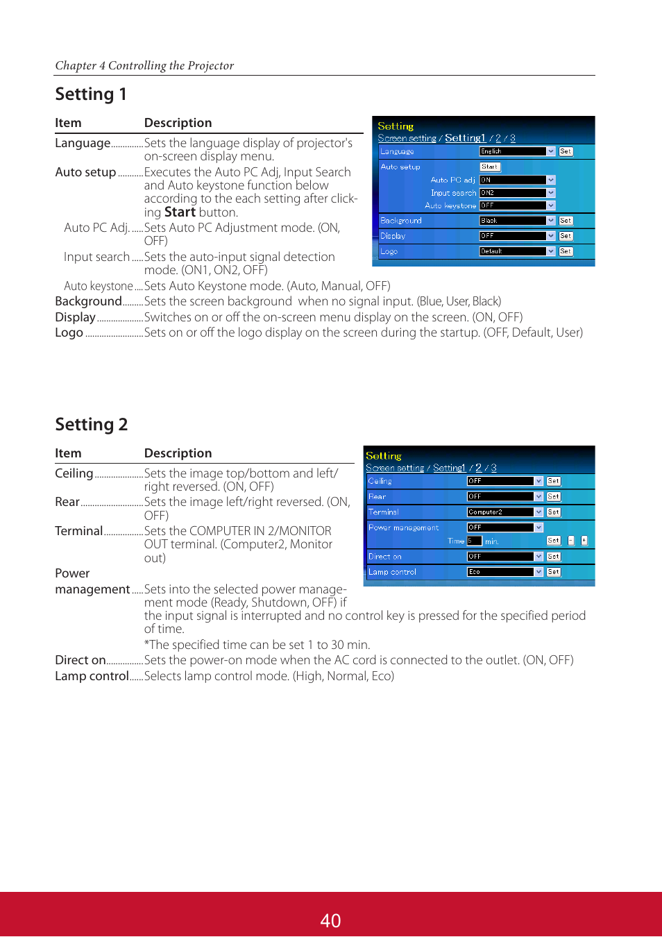 Setting 1 setting 2 | VIEWSONIC PJL6233 User Manual | Page 127 / 176